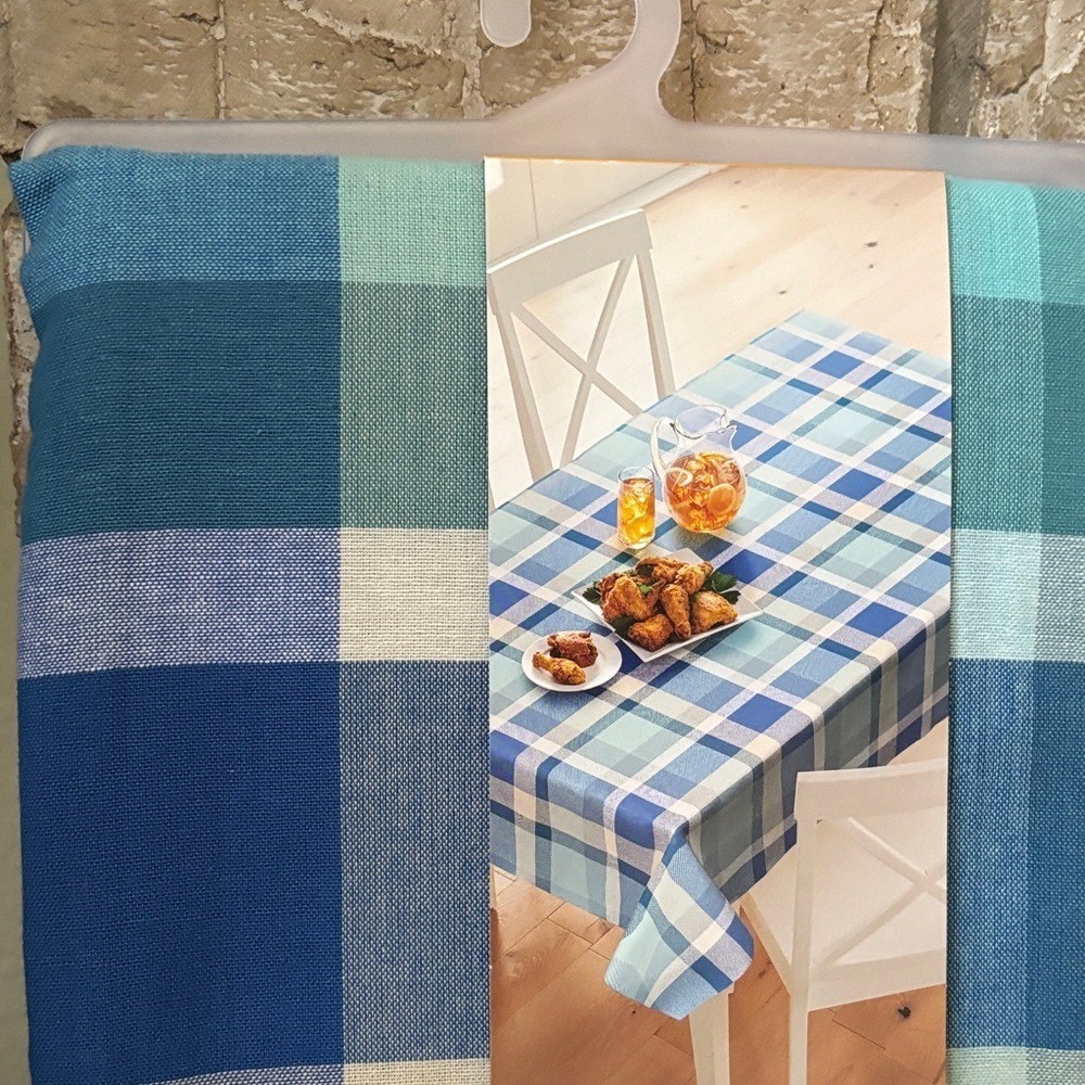 Celebrate Together Blue Gingham Plaid Picnic Table Cloth Fabric 60" by 84" NEW - Picture 3 of 11